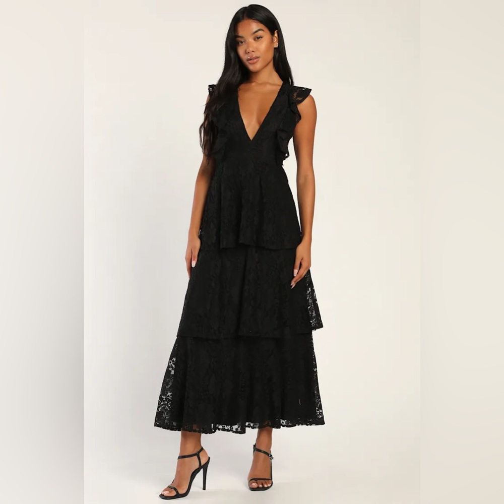 Lulus Molinetto Black Lace Ruffled Tiered Sleeveless Maxi Dress | XL | worn once